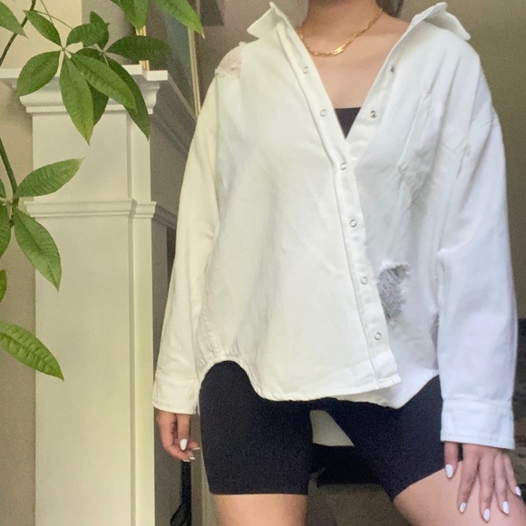 ONE WAY White Distressed Oversized Button Up Shirt - Picture 4 of 9